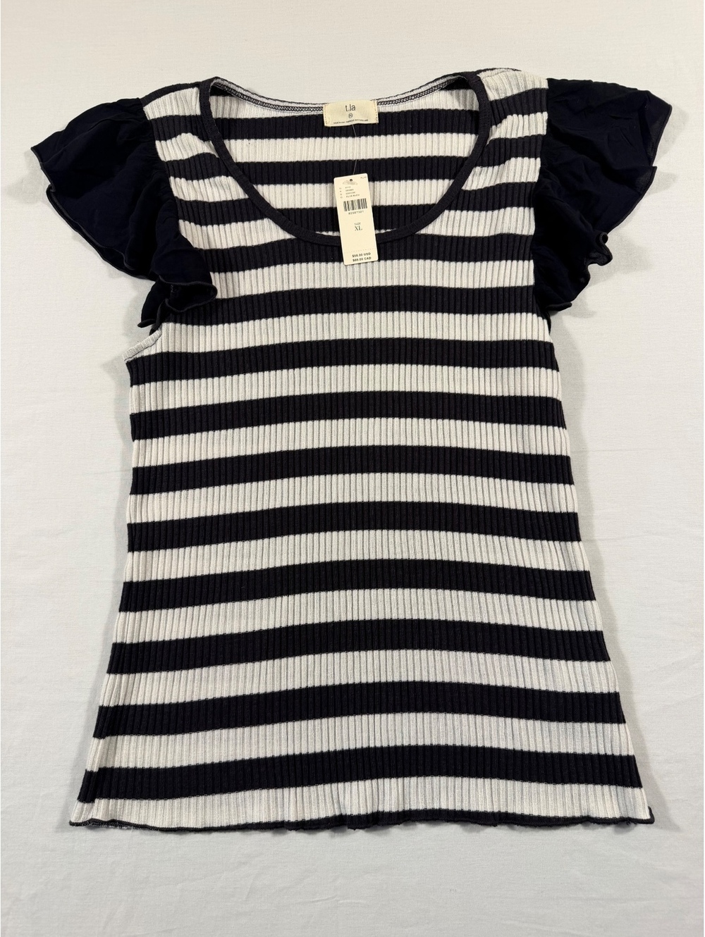 t.la Women's XL Black and White Striped Ribbed Knit Top with Ruffled Sleeves